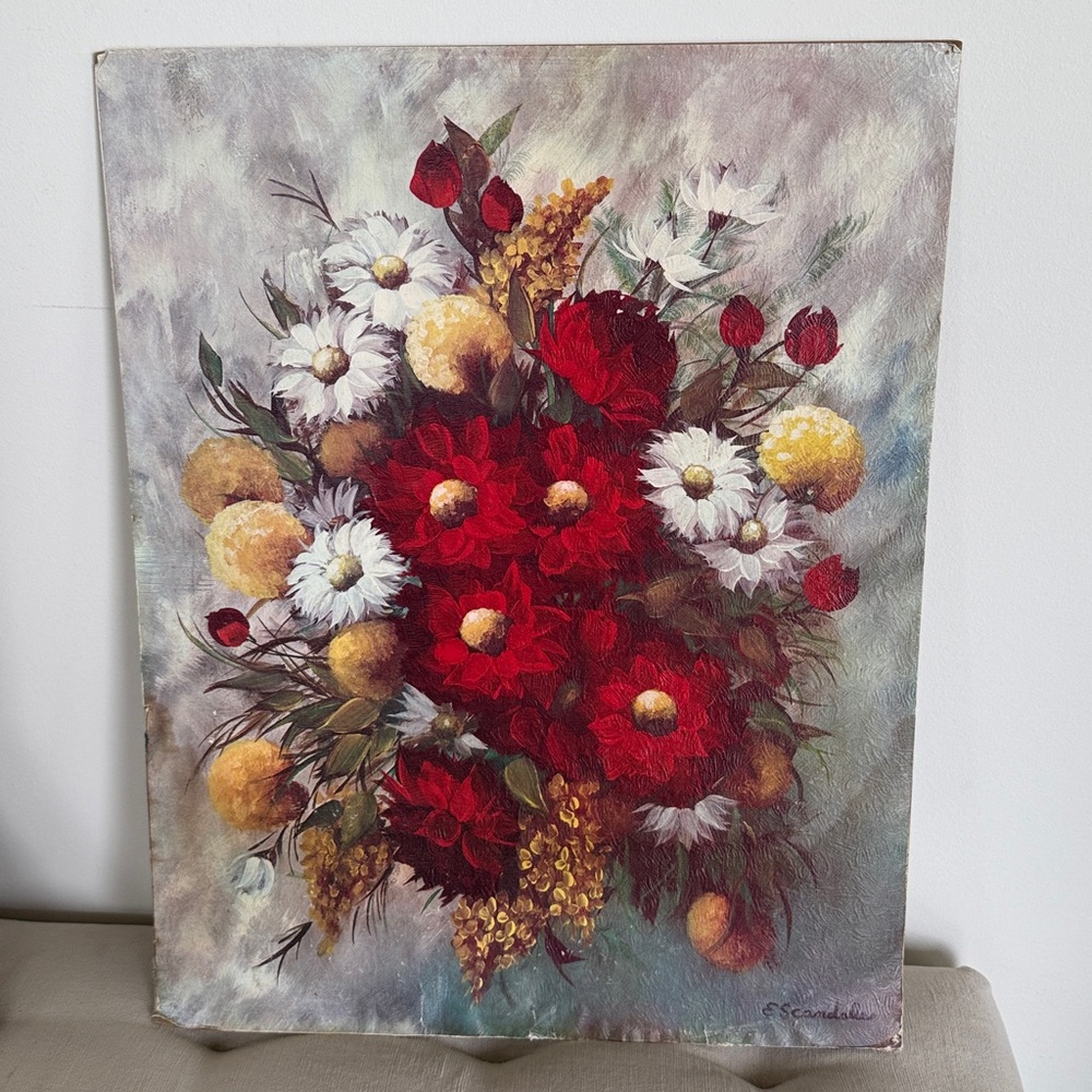 Vintage Floral Oil Painting by E. Scandale